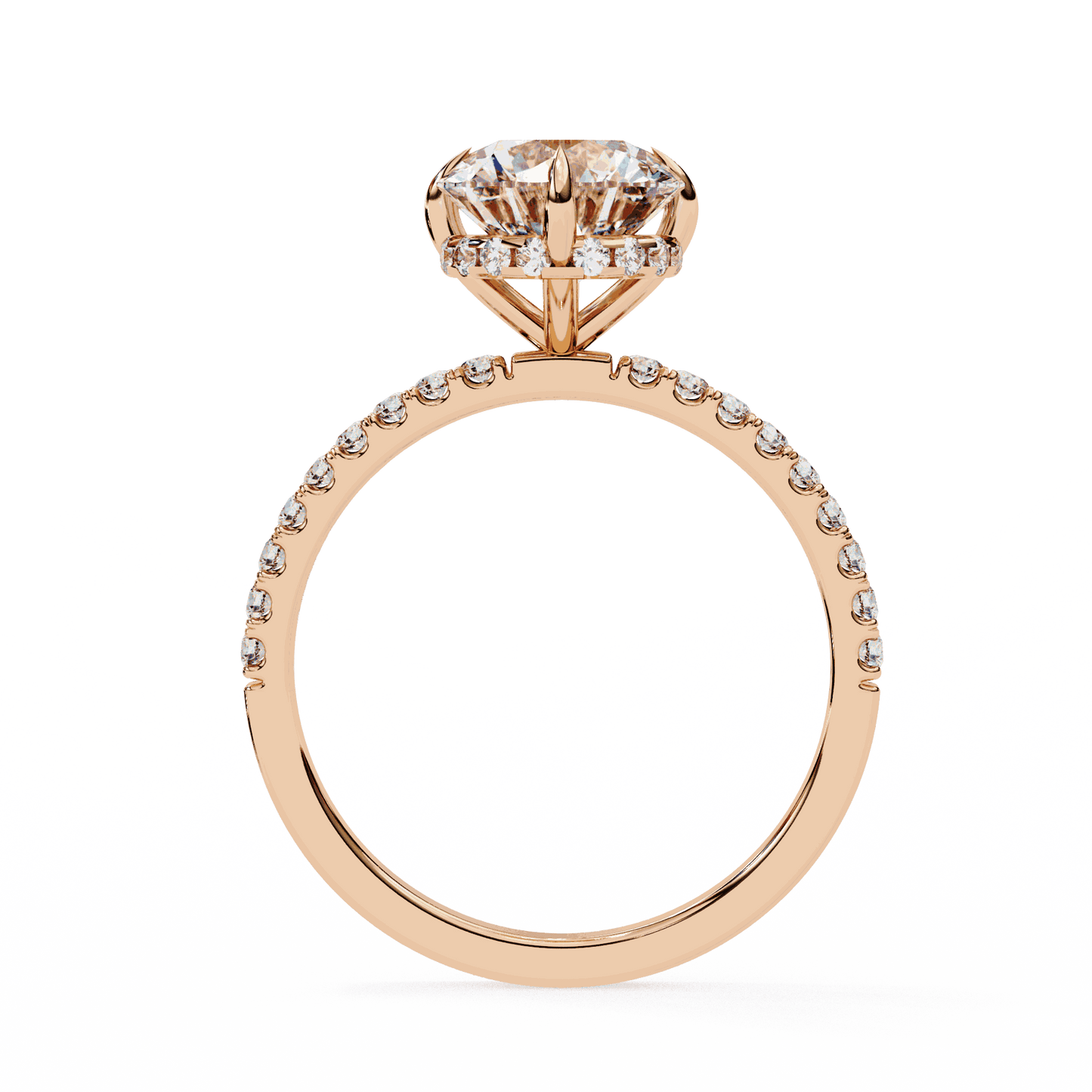 Round Cut Lab Grown Diamond Pave Engagement Ring with Hidden Halo and Claw Prong Setting