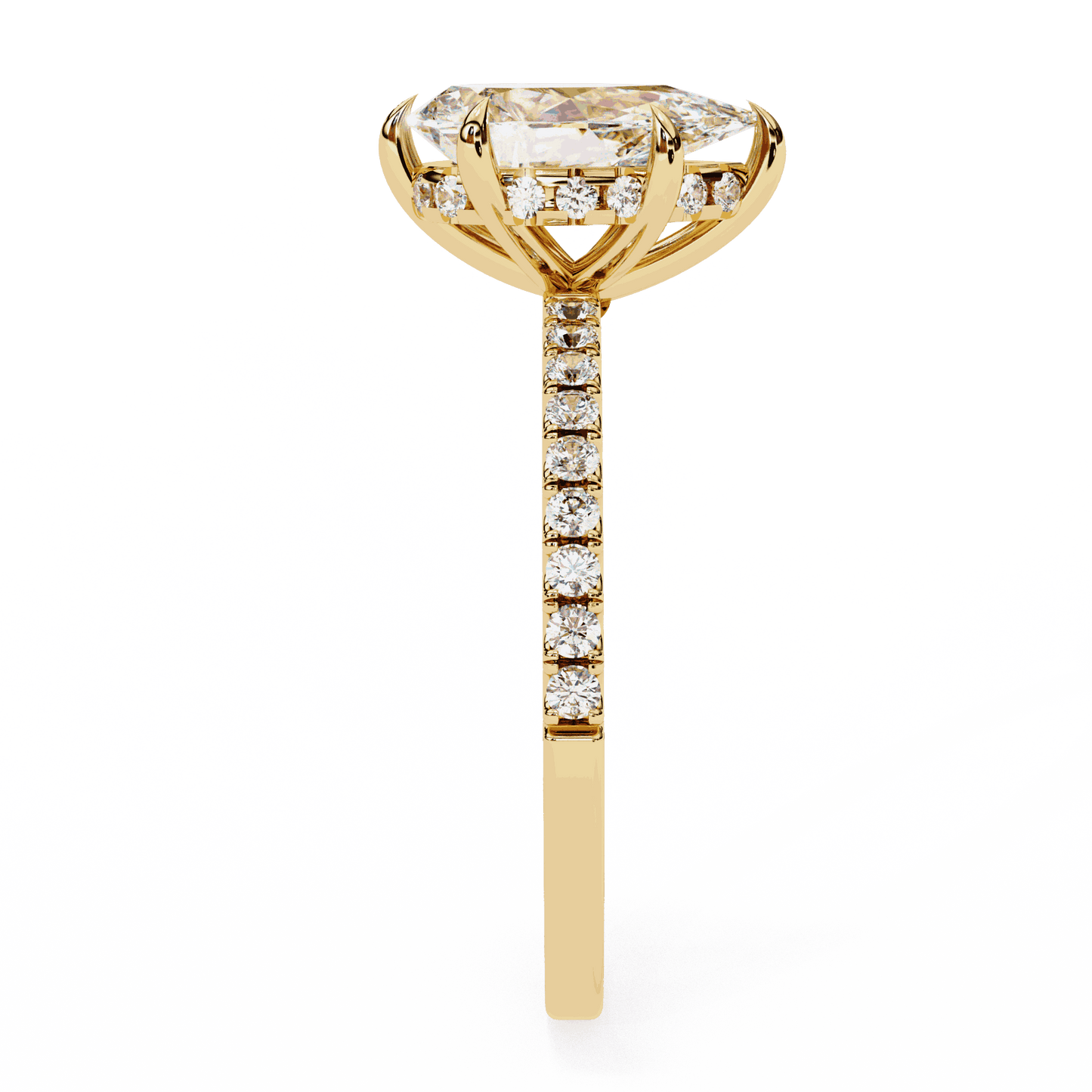 Pear Cut Lab Grown Diamond Pave Engagement Ring with Hidden Halo and Knife-Edge Band