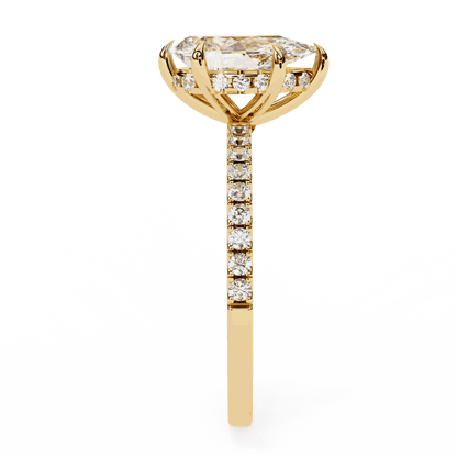 Pear Cut Lab Grown Diamond Pave Engagement Ring with Hidden Halo and Knife-Edge Band