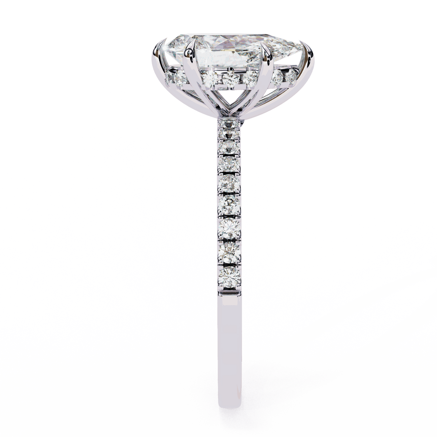 Pear Cut Lab Grown Diamond Pave Engagement Ring with Hidden Halo and Knife-Edge Band