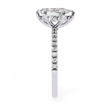 Pear Cut Lab Grown Diamond Pave Engagement Ring with Hidden Halo and Knife-Edge Band