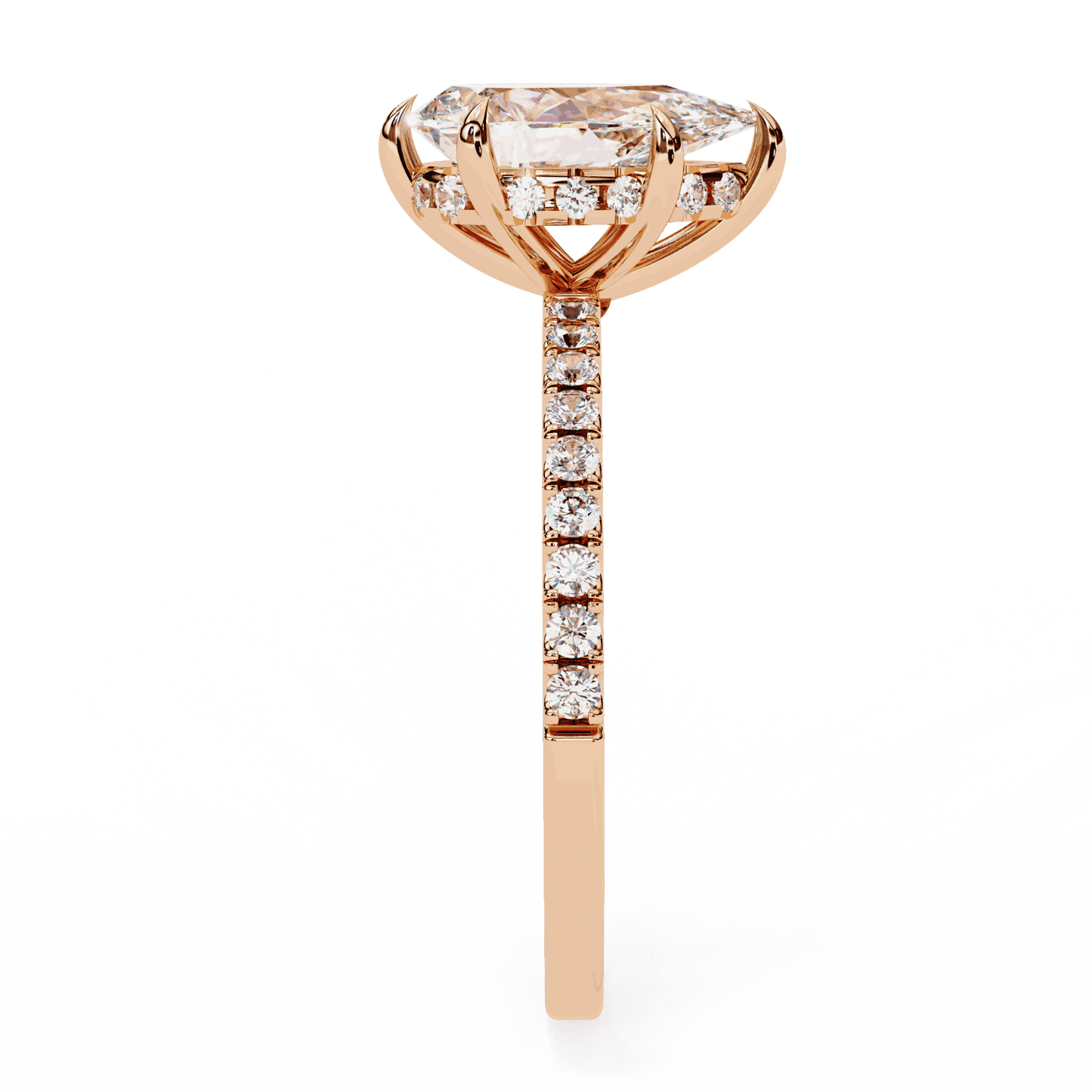 Pear Cut Lab Grown Diamond Pave Engagement Ring with Hidden Halo and Knife-Edge Band
