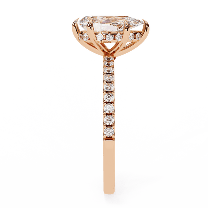Pear Cut Lab Grown Diamond Pave Engagement Ring with Hidden Halo and Knife-Edge Band