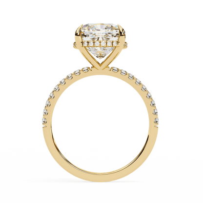 Cushion Cut Lab Grown Diamond Pave Engagement Ring with Hidden Halo and Knife-Edge Band