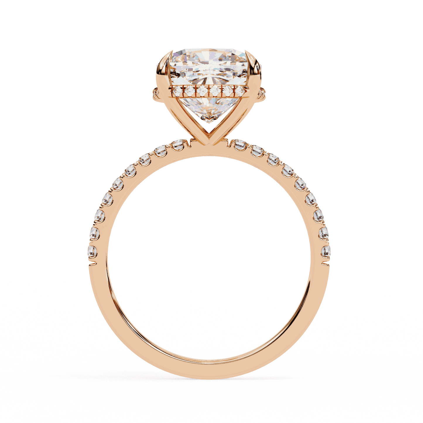 Cushion Cut Lab Grown Diamond Pave Engagement Ring with Hidden Halo and Knife-Edge Band