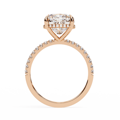 Cushion Cut Lab Grown Diamond Pave Engagement Ring with Hidden Halo and Knife-Edge Band