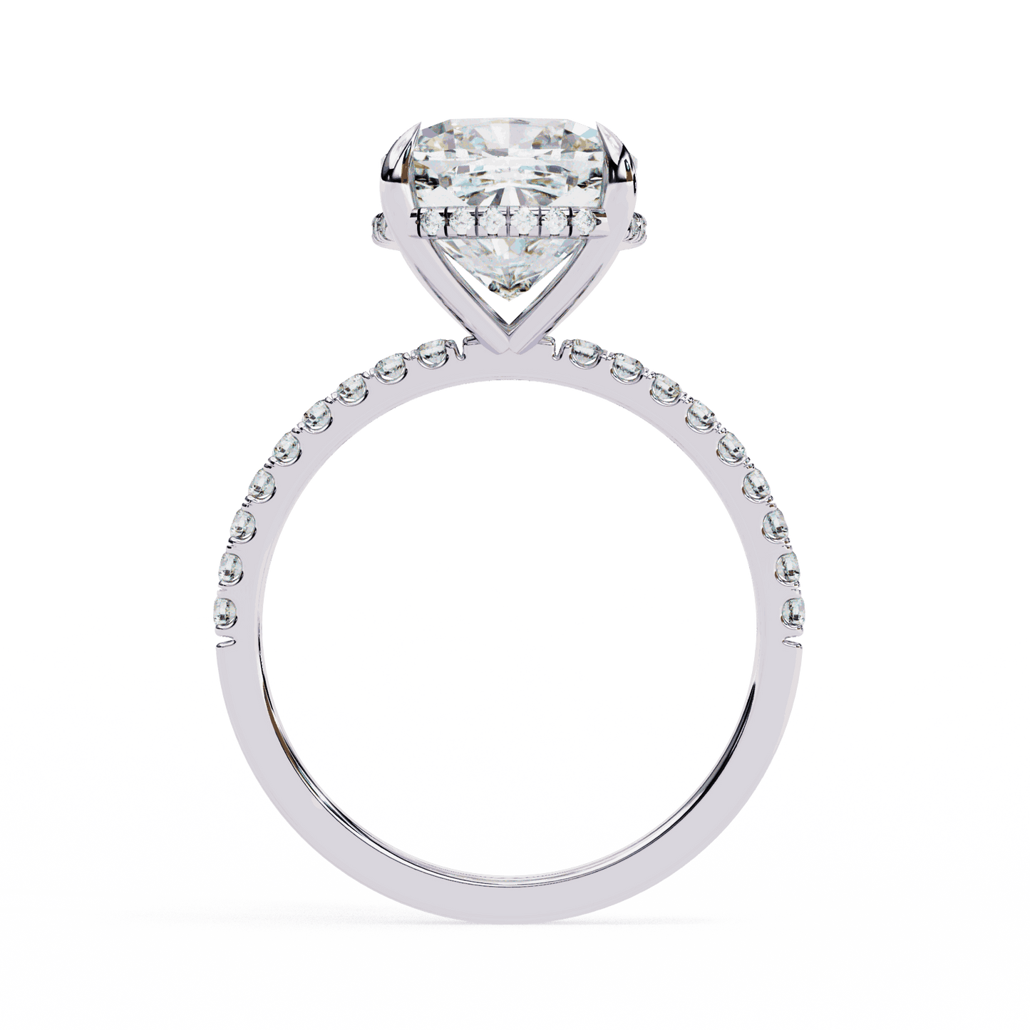 Cushion Cut Lab Grown Diamond Pave Engagement Ring with Hidden Halo and Knife-Edge Band