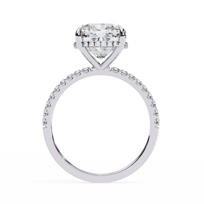 Cushion Cut Lab Grown Diamond Pave Engagement Ring with Hidden Halo and Knife-Edge Band