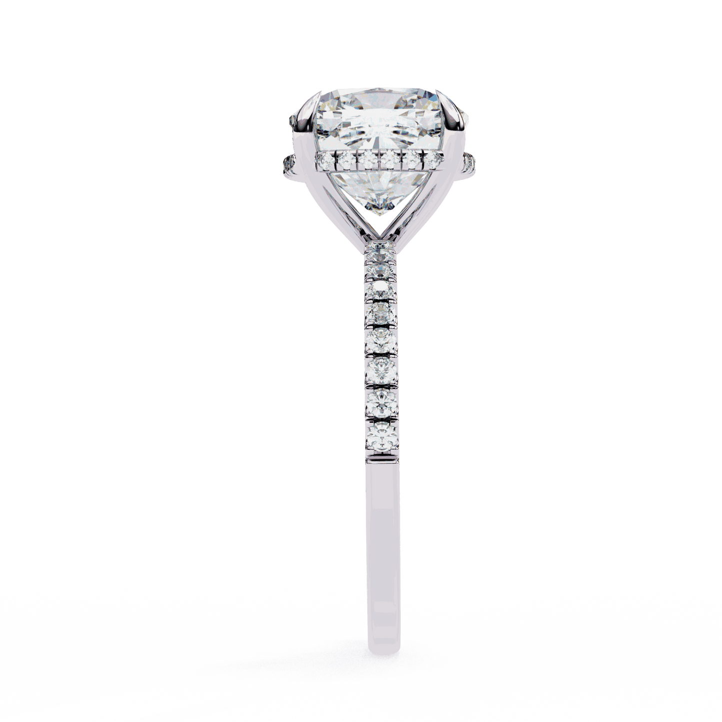Cushion Cut Lab Grown Diamond Pave Engagement Ring with Hidden Halo and Knife-Edge Band