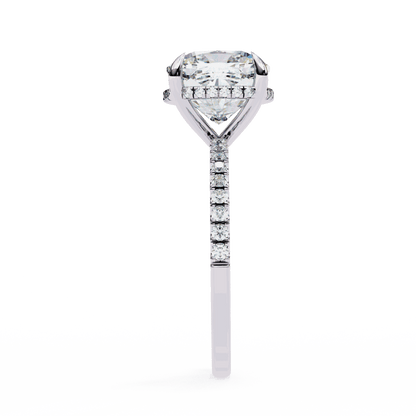 Cushion Cut Lab Grown Diamond Pave Engagement Ring with Hidden Halo and Knife-Edge Band