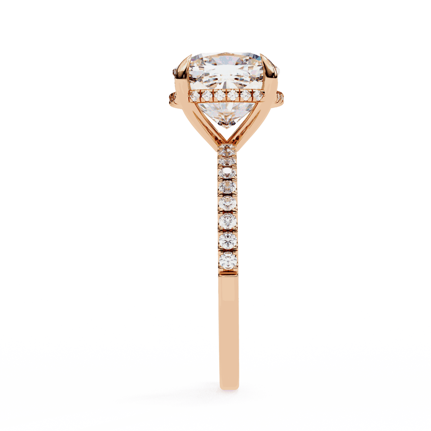 Cushion Cut Lab Grown Diamond Pave Engagement Ring with Hidden Halo and Knife-Edge Band