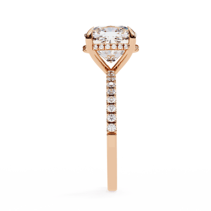 Cushion Cut Lab Grown Diamond Pave Engagement Ring with Hidden Halo and Knife-Edge Band