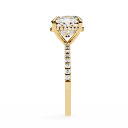 Cushion Cut Lab Grown Diamond Pave Engagement Ring with Hidden Halo and Knife-Edge Band