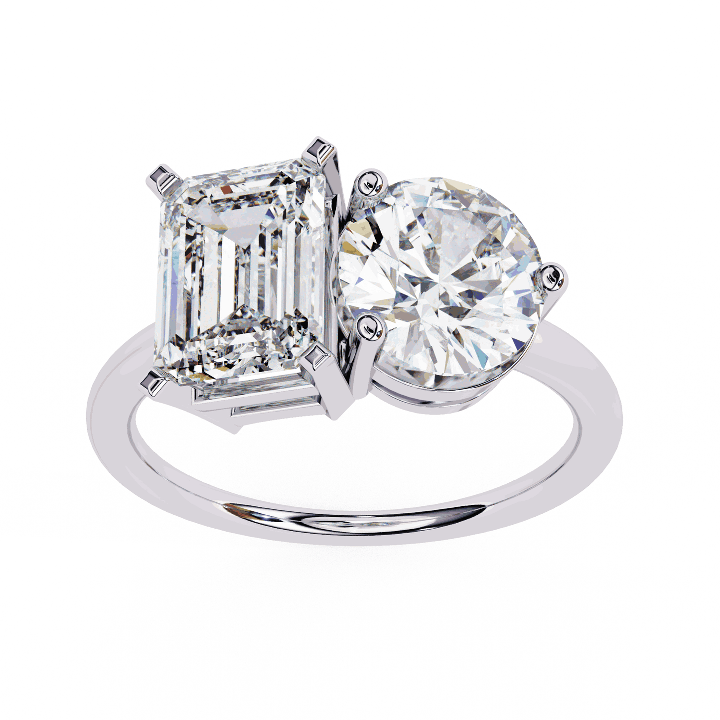 Emerald and Round Cut Lab Grown Diamond Toi et Moi Engagement Ring with Two Stone Pairing
