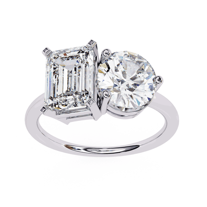 Emerald and Round Cut Lab Grown Diamond Toi et Moi Engagement Ring with Two Stone Pairing