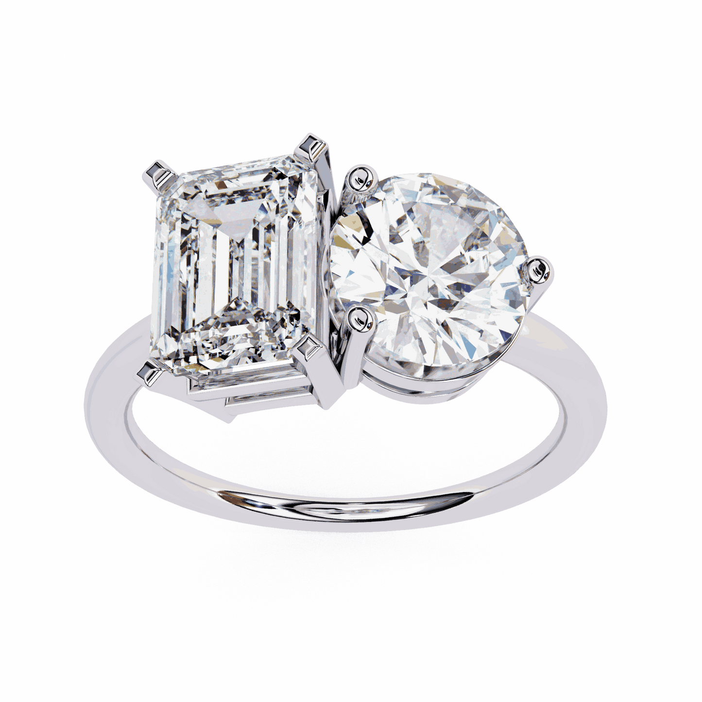 Emerald and Round Cut Lab Grown Diamond Toi et Moi Engagement Ring with Two Stone Pairing