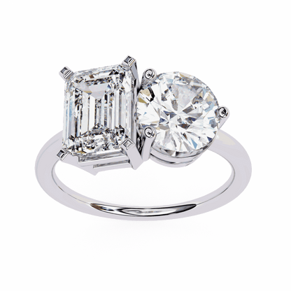 Emerald and Round Cut Lab Grown Diamond Toi et Moi Engagement Ring with Two Stone Pairing