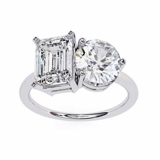 Emerald and Round Cut Lab Grown Diamond Toi et Moi Engagement Ring with Two Stone Pairing