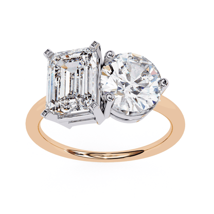 Emerald and Round Cut Lab Grown Diamond Toi et Moi Engagement Ring with Two Stone Pairing