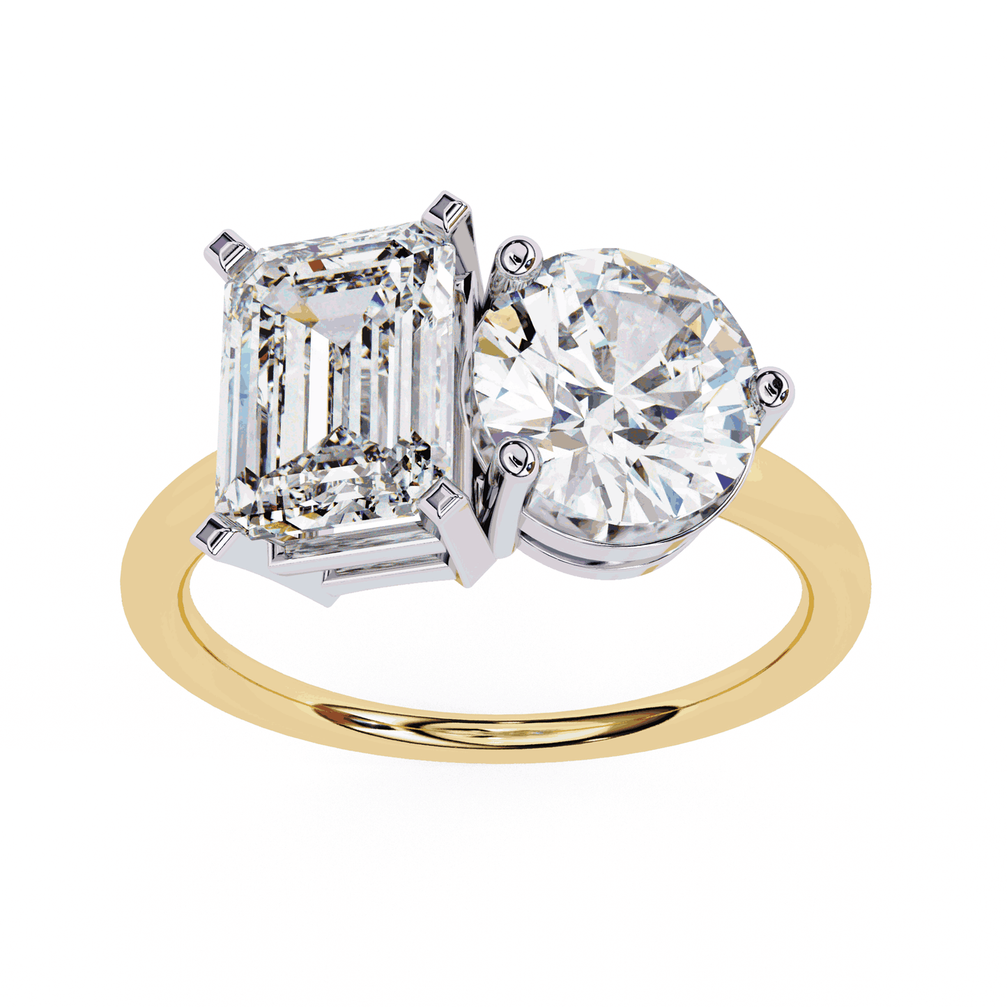 Emerald and Round Cut Lab Grown Diamond Toi et Moi Engagement Ring with Two Stone Pairing