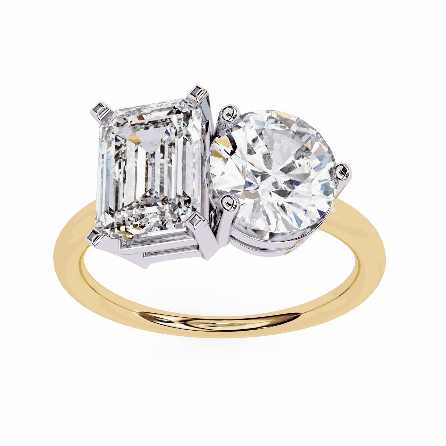 Emerald and Round Cut Lab Grown Diamond Toi et Moi Engagement Ring with Two Stone Pairing