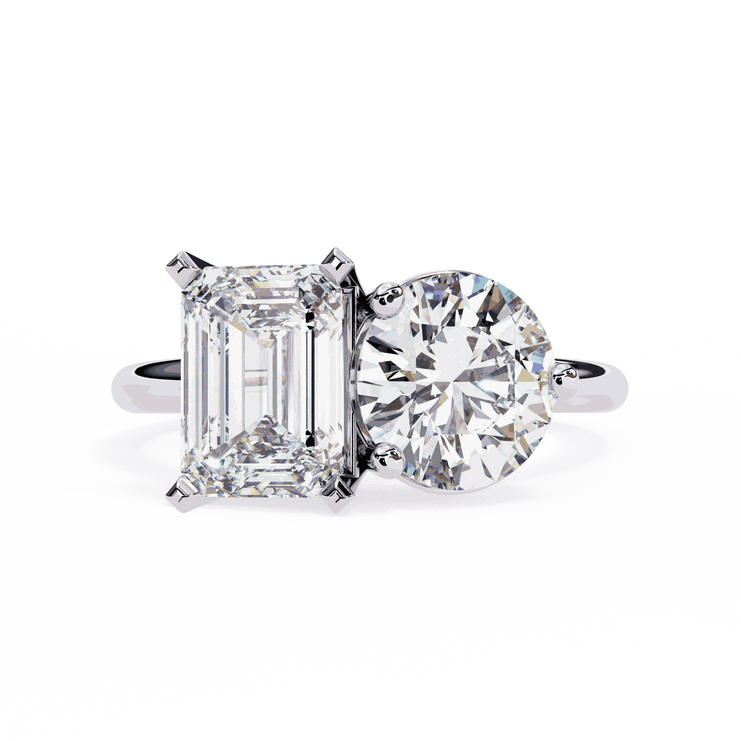 Emerald and Round Cut Lab Grown Diamond Toi et Moi Engagement Ring with Two Stone Pairing