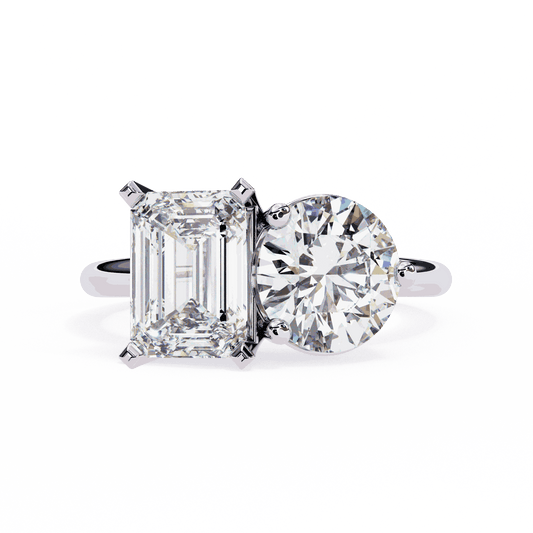 Emerald and Round Cut Lab Grown Diamond Toi et Moi Engagement Ring with Two Stone Pairing