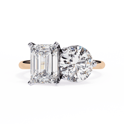 Emerald and Round Cut Lab Grown Diamond Toi et Moi Engagement Ring with Two Stone Pairing
