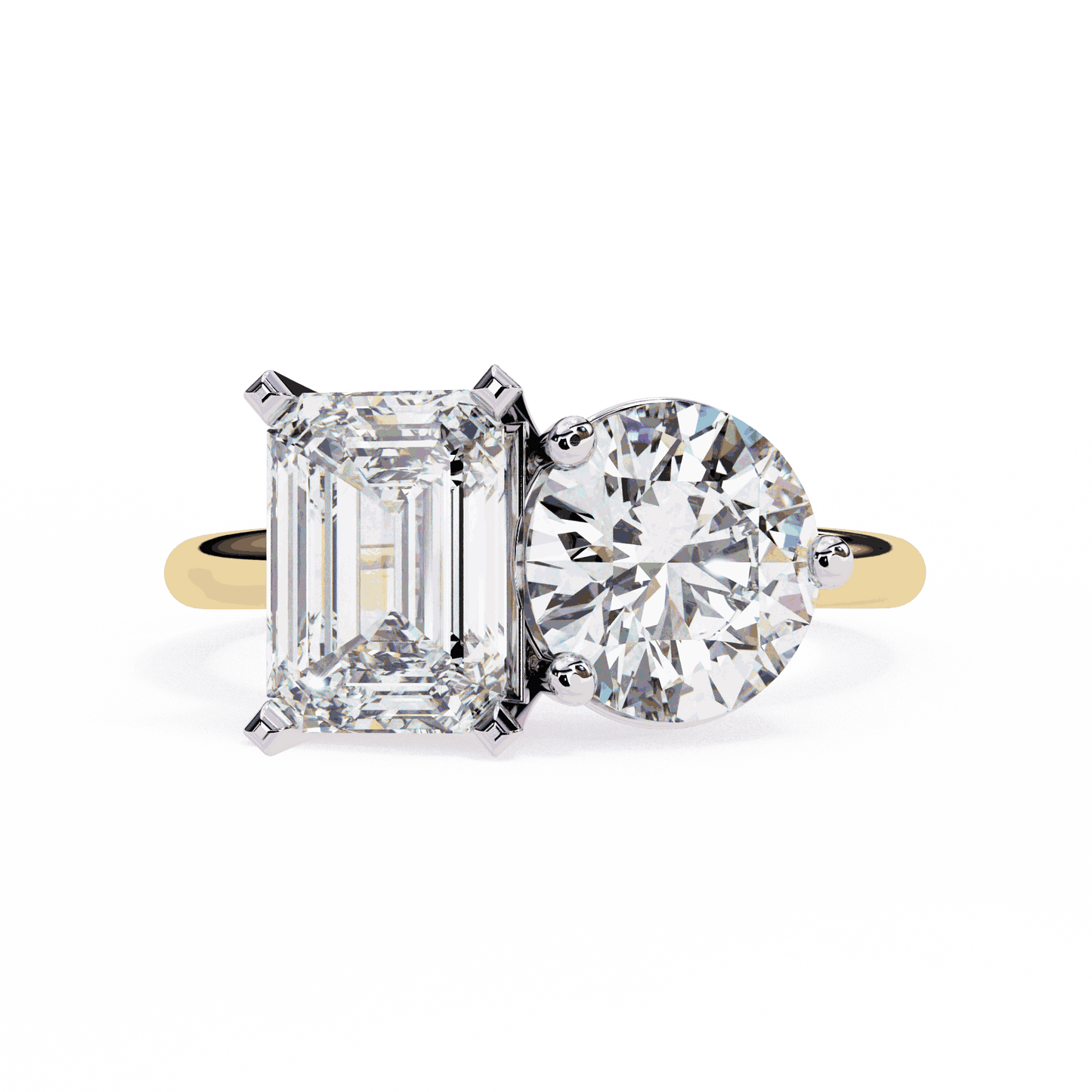 Emerald and Round Cut Lab Grown Diamond Toi et Moi Engagement Ring with Two Stone Pairing