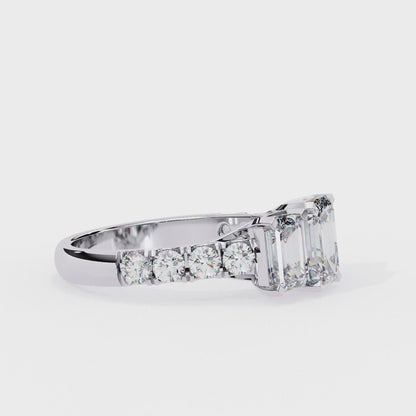 Emerald Cut Lab Grown Diamond Three Stone Ring with Accented Band