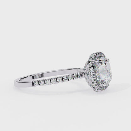 Cushion Cut Lab Grown Diamond Halo Engagement Ring with Open Gallery Pavé Basket