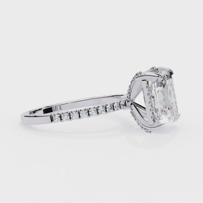 Radiant Cut Lab Grown Diamond Hidden Halo Ring with Claw Prongs