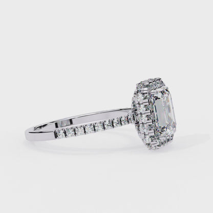 Emerald Cut Lab Grown Diamond Halo Engagement Ring with Large Stone Halo