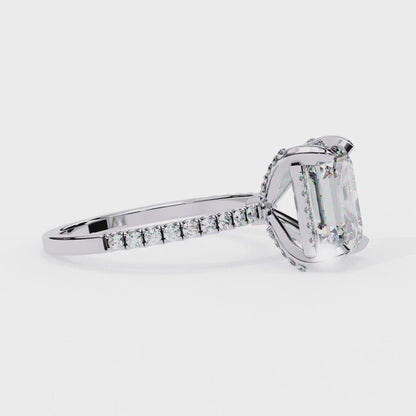 Emerald Cut Lab Grown Diamond Hidden Halo Ring with Pavé Band